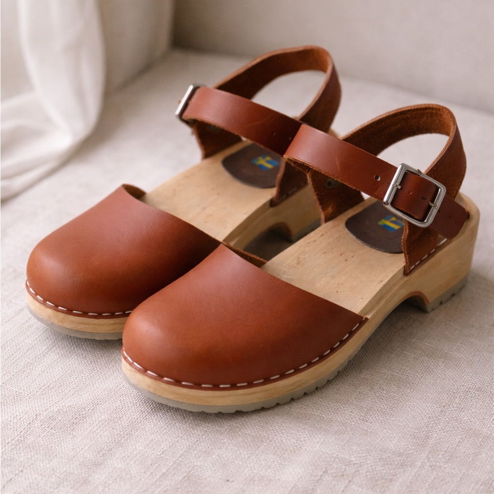 Troentorp Swedish Leather Clogs Ankle Strap Wooden Sole Brown